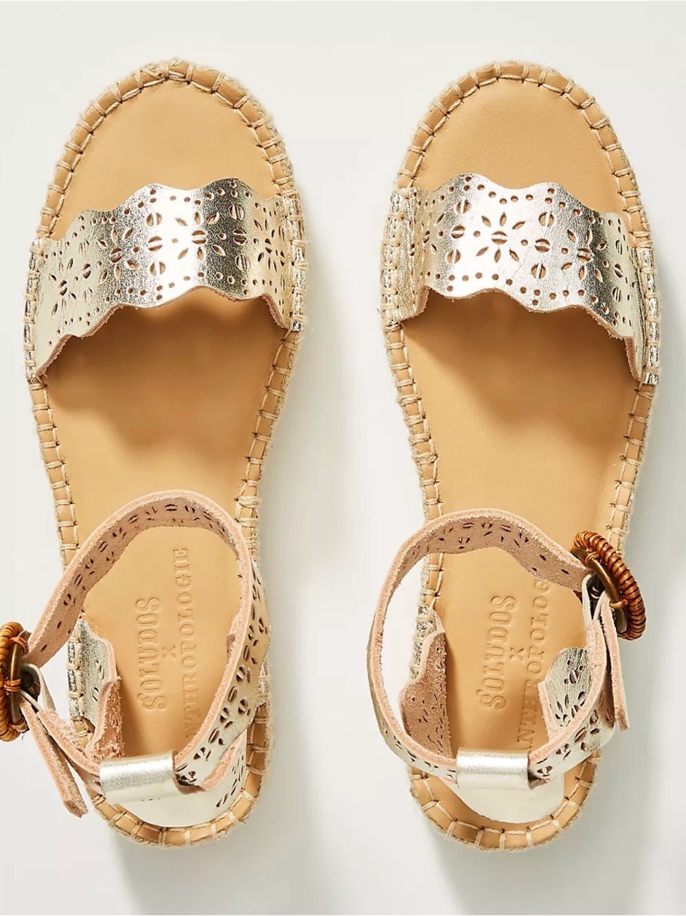 Soludos x Anthropologie Gold Laser-Cut Espadrille Ankle-Strap Sandals NIB